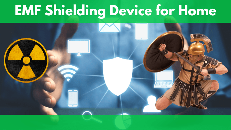 A gladiators with shield reflecting the emf shielding as like the real world tech-devices radiation on the background