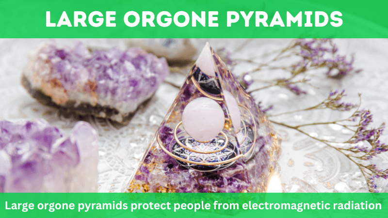 large orgone pyramids with white ball with different orgone stone