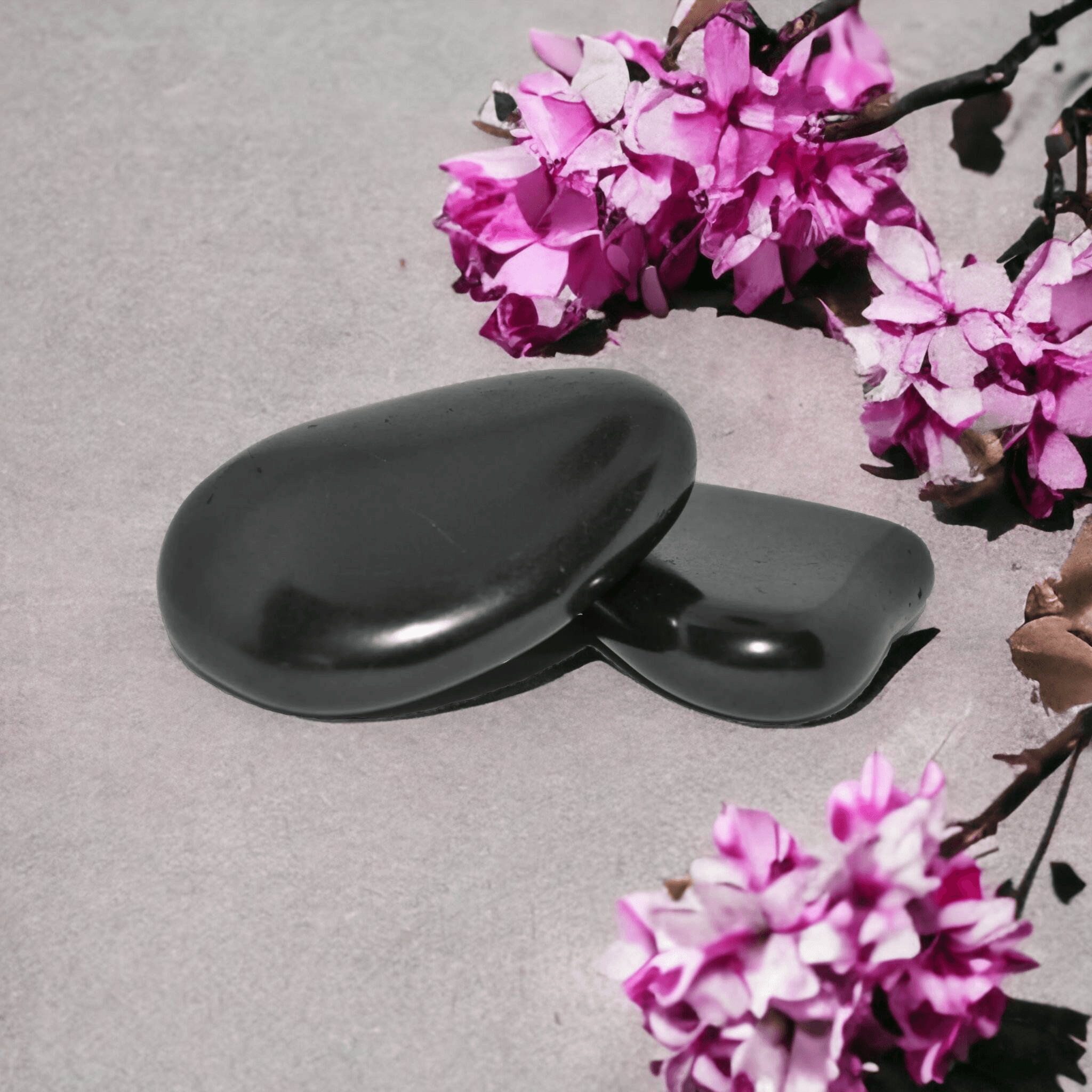 Shungite stones with cherry blossoms