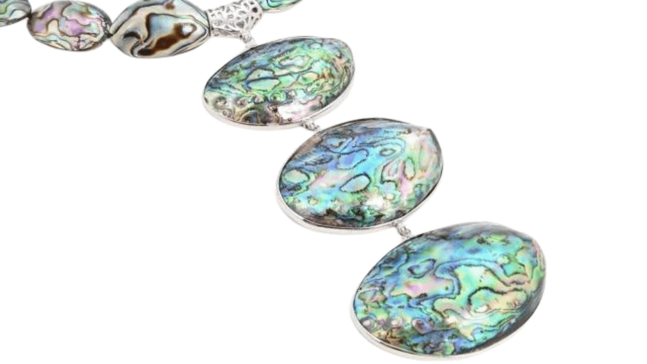 a round necklace of small abalone shells with three large shells attached in the front.